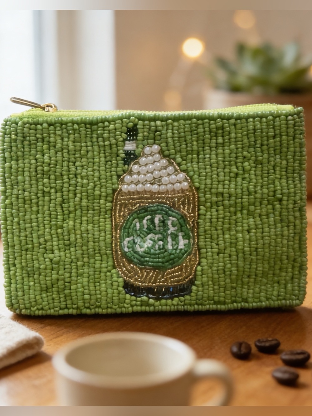 Beaded Green Iced Coffee Embroidered Pouch New!